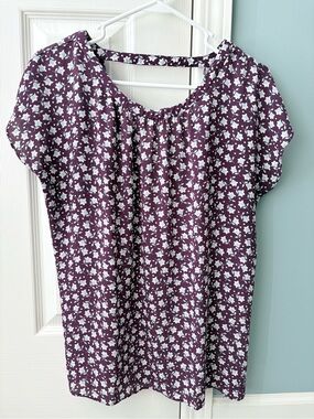 LOFT Purple Floral Short Sleeve Scoop-Neck Blouse Women’s Size S